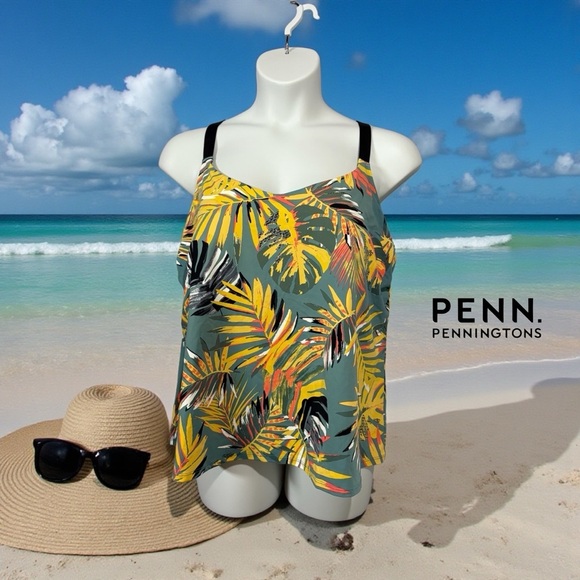 Penningtons Other - NEW, Penningtons, Tropical Crossback Tankini Top, 2X, Green, Yellow 🌴